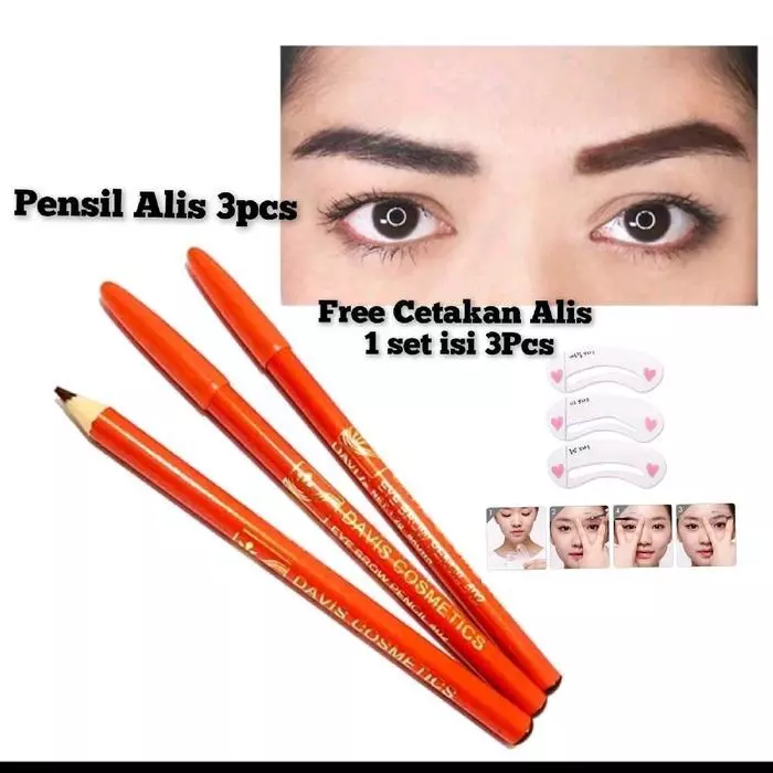 [ Per 3 Pcs ] Pensil Alis Davis Orange Coklat & Hitam/ Free Cetak Alis 3 pcs - DAVIS HITAM 3 PCS, FREE CETAK ALIS