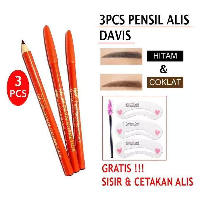 COD ( 3PCS ) Pensil Alis Davis Orange Warna Hitam Dan Coklat Waterproof Tahan Lama Gratis Sisir Dan cetakan Alis - 3PCS COKLAT