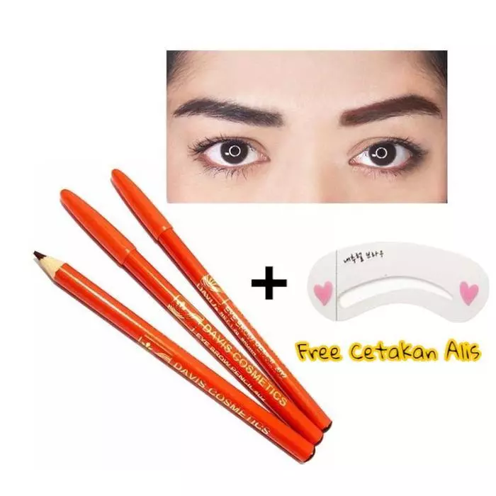 [Free Cetakan Alis] 3 PCS Pensil Alis Davis Eyebrow Pencil Waterproof - 3 Coklat, Free 1 Cetakan Alis
