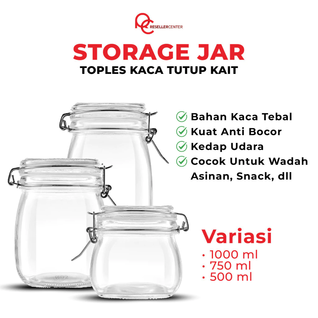 Jar Round Toples Kaca Tutup Kait / Hermetico Jar 500 ML 750 ML 1000 ML / Stoples Kaca Kedap Udara