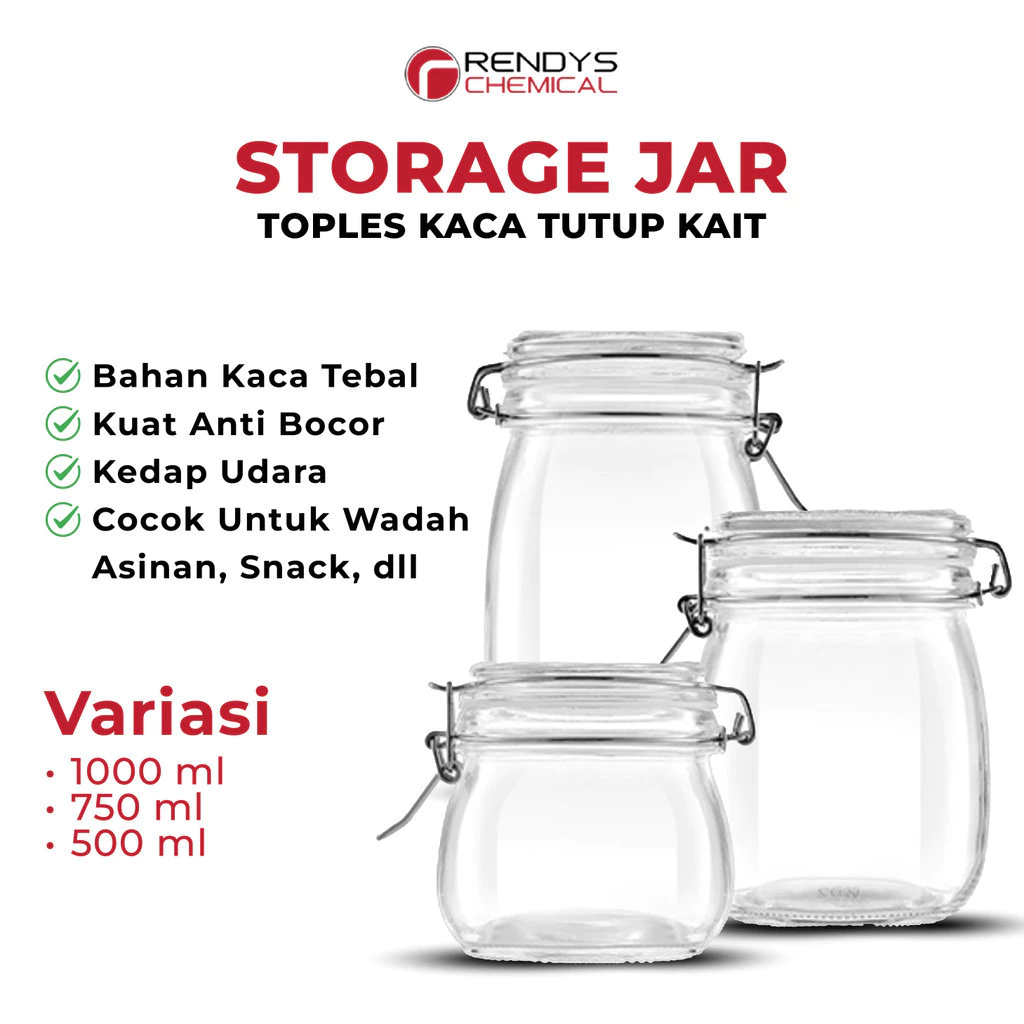 Jar Round Toples Kaca Bumbu / Jar Toples Kaca Makanan / Jar Toples Beling Penyimpanan Kedap Udara Tutup Kait / Jar Bumbu Beling 500ml 750ml 1000ml