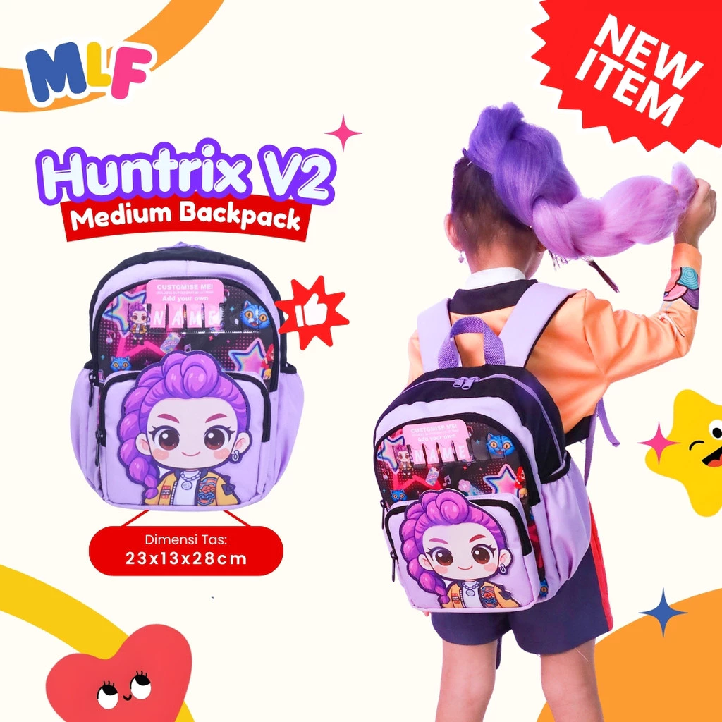 MLFG - Tas Huntrix V2 Medium Backpack Tas Sekolah Anak TK Paud SD Motif Karakter Huntrix Rumi Zoey Mira Dengan Bahan Premium