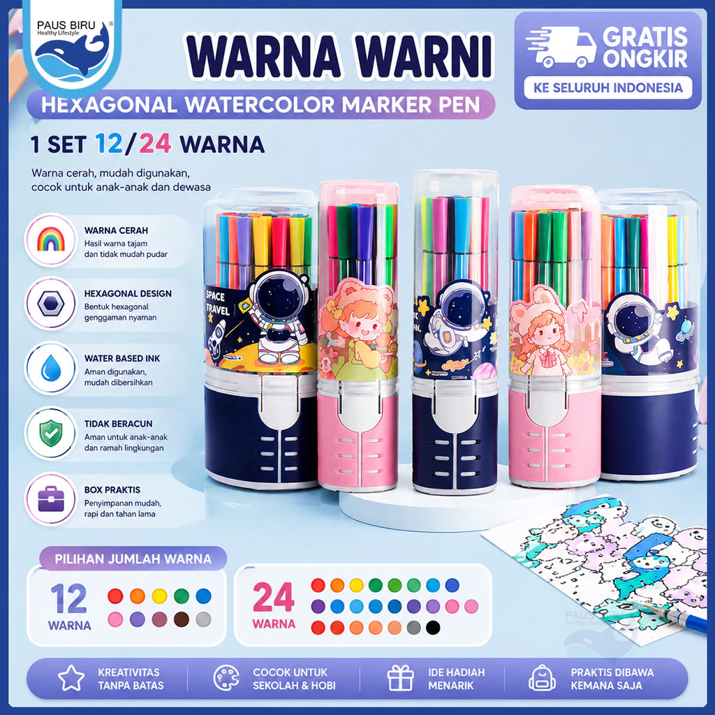 Paus Biru - Spidol Warna Warni 1 Set Hexagonal Watercolor Marker Pen 12/24 Warna | Spidol Lukis Anak Sekolah Washable | Alat Tulis Mewarnai Gambar Kaligrafi Doodle - Box Penyimpanan Praktis & Awet