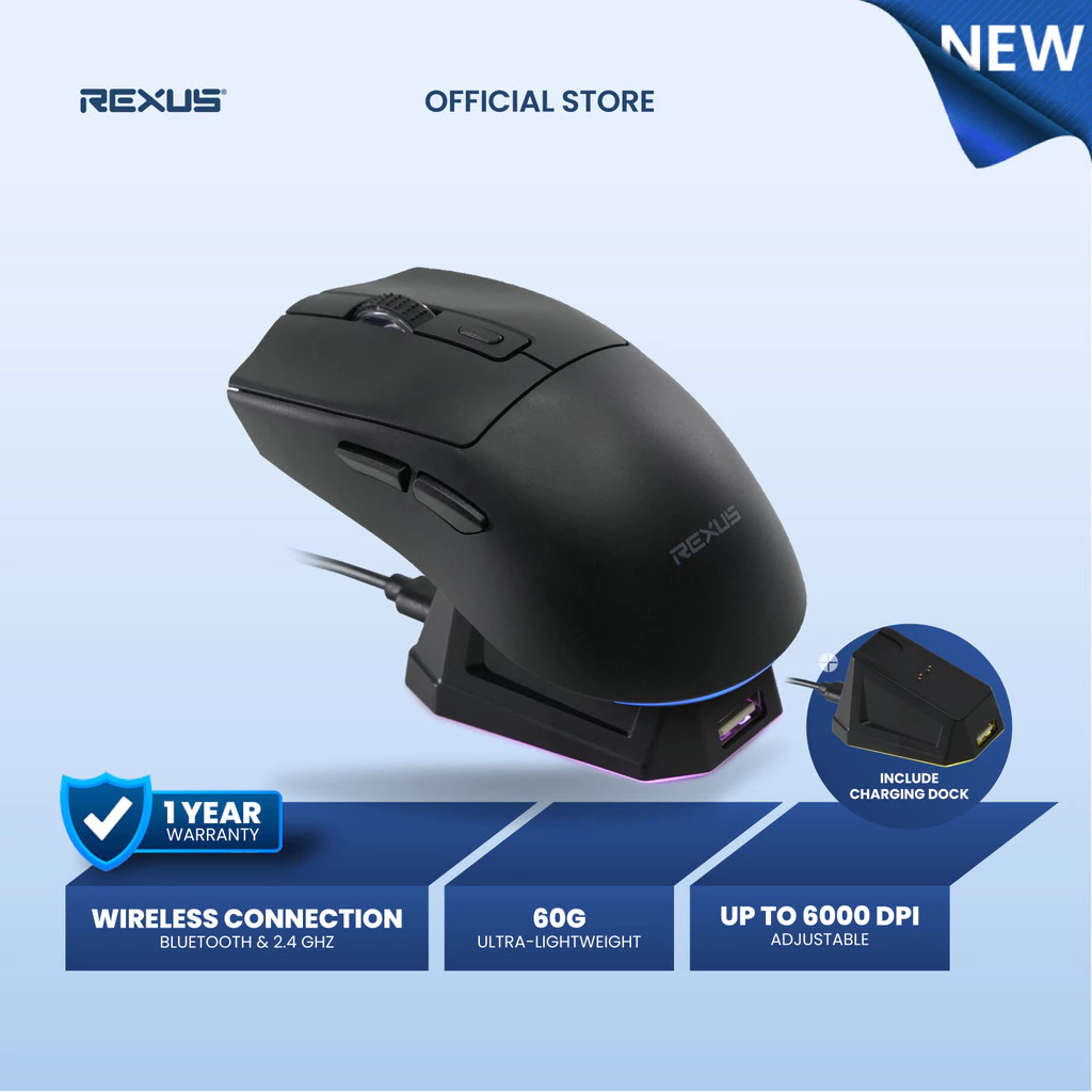 Rexus Xierra RX108 V2 Mouse Gaming Wireless Dual Connection - Include Charging Dock