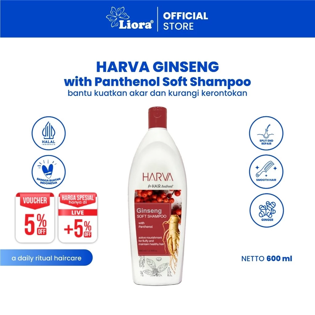 HARVA Shampoo Ginseng Soft & Smooth 600ML | Perawatan Shampo Atasi Rontok Menghaluskan Rambut