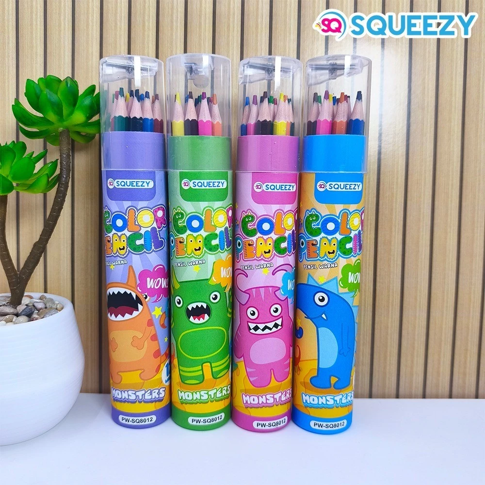 SQUEEZY Color Pencil 12 Warna Tube | Pensil Warna Sekolah Anak Cerah & Halus | PW-SQ8