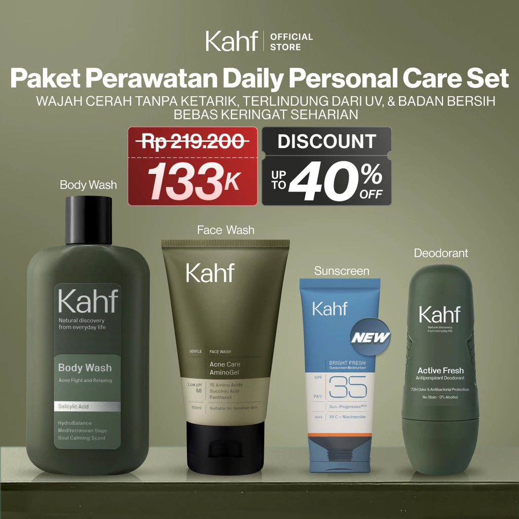 Kahf Paket 4in1 Personal Care Set Bundle Perawatan Daily Facial Wash Sunscreen Body Wash