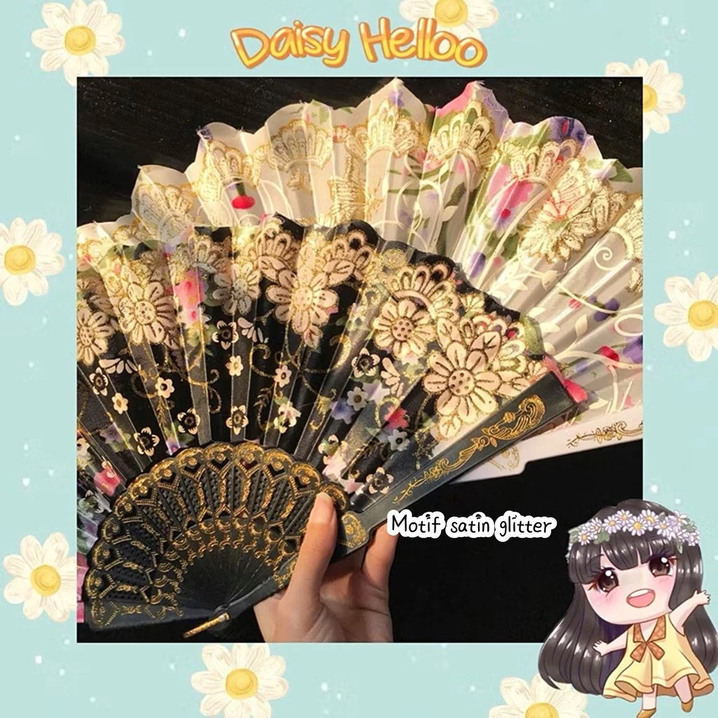 Kipas Tangan Lipat Karakter Flower Glitter Unik Aksesoris Souvenir Wanita Folding Fan Korea Atk Bjm Banjar Banjarmasin DaisyHelloo